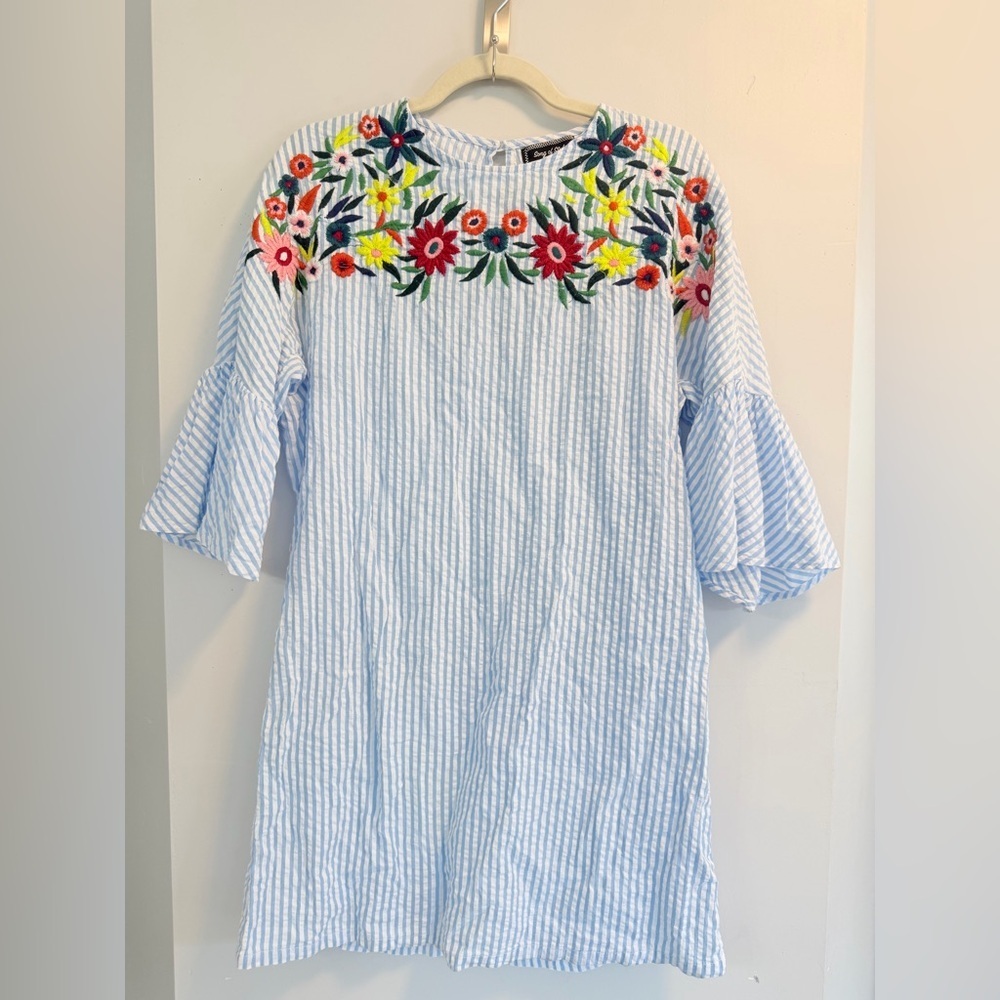 Song of Style Blue White Seersucker Stripe Floral Embroidery Mini Dress Small
